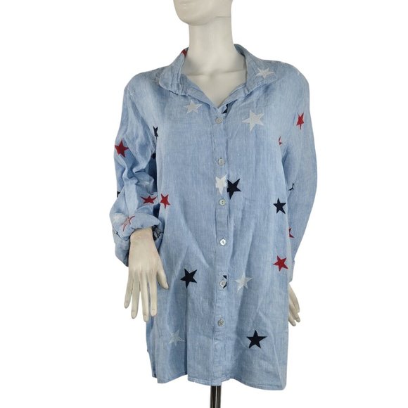 John Mark Women's Size 2X Linen Shirt Top 4th of July Star Embroidered Blue (42) - Picture 2 of 13